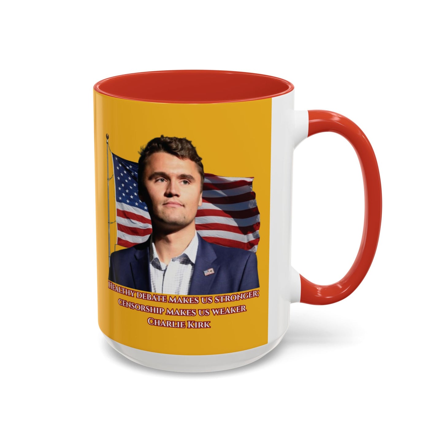 Charlie Kirk, Healthy Debate Yellow Accent Mug by theGreenDragonTavern.shop