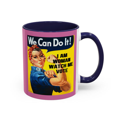 I Am Woman Watch Me Vote Rosie Pink Accent Mug by theGreenDragonTavern.shop