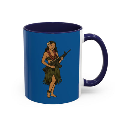 Hula Girl Packin' Heat Dark Blue Accent Mug by theGreenDragonTavern.shop