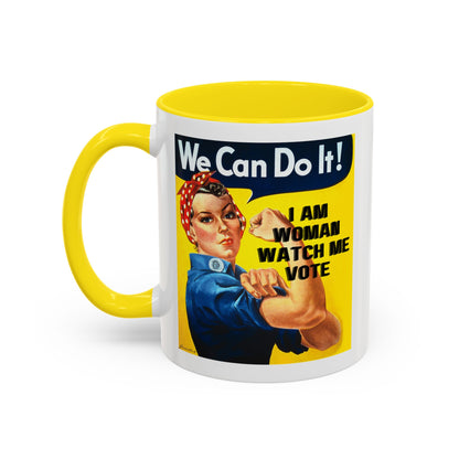 I Am Woman Watch Me Vote Rosie White Accent Mug by theGreenDragonTavern.shop