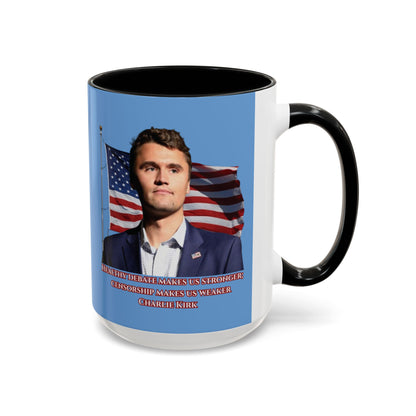 Charlie Kirk, Healthy Debate Light Blue Accent Mug by theGreenDragonTavern.shop