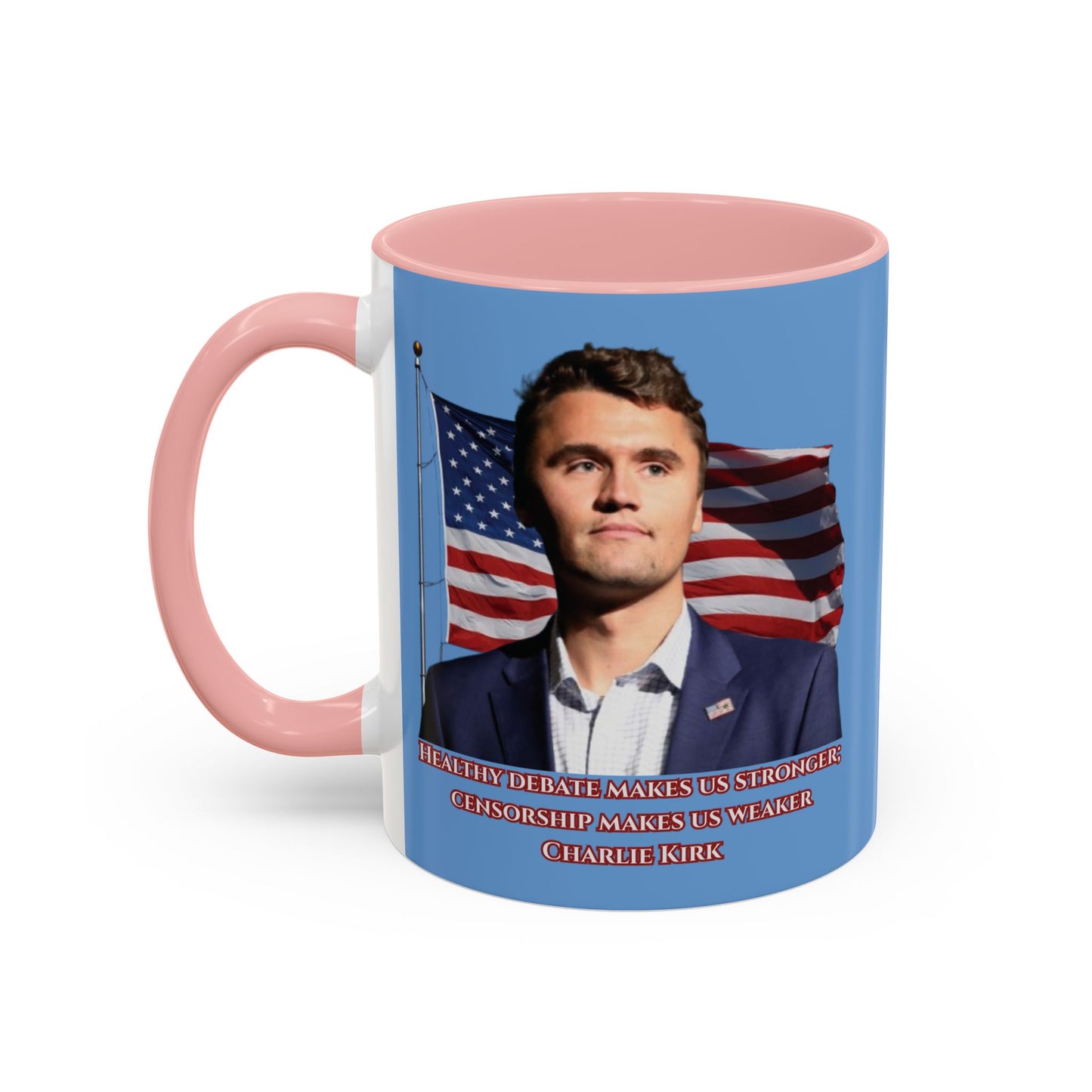 Charlie Kirk, Healthy Debate Light Blue Accent Mug by theGreenDragonTavern.shop