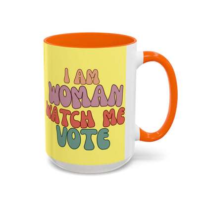 I Am Woman Watch Me Vote Yellow Accent Mug by theGreenDragonTavern.shop