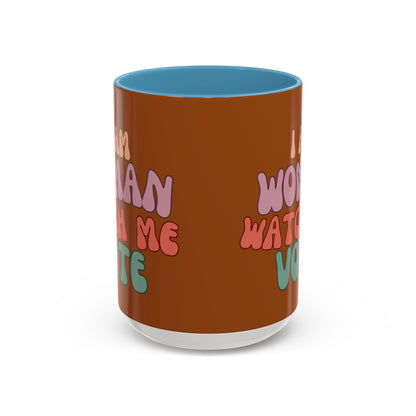 I Am Woman Watch Me Vote Brown Accent Mug by theGreenDragonTavern.shop