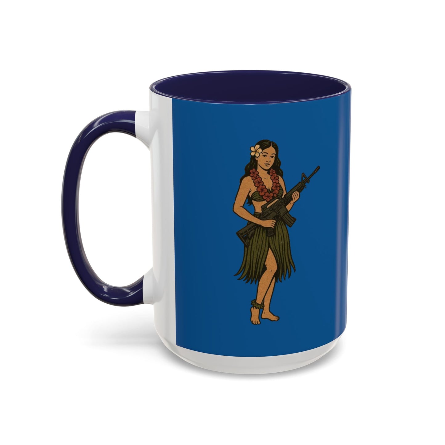 Hula Girl Packin' Heat Dark Blue Accent Mug by theGreenDragonTavern.shop