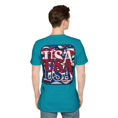 2-sided, RED White and Blue USA Patriot Dark colors Unisex T-Shirt by theGreenDragonTavern.shop