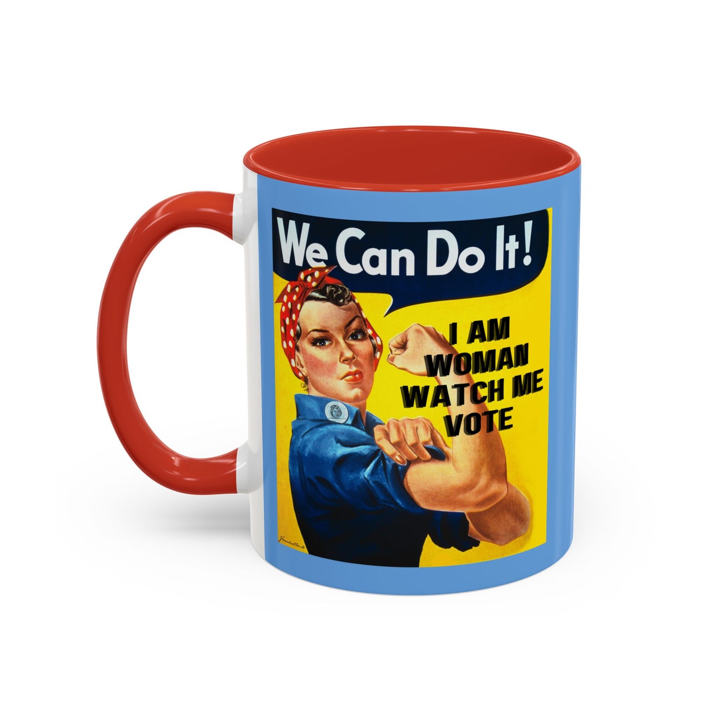 I Am Woman Watch Me Vote Rosie Light Blue Accent Mug by theGreenDragonTavern.shop
