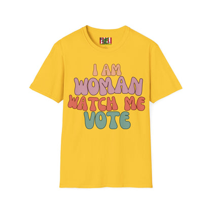 2-sided, I Am Woman Watch Me Vote Light colors Unisex T-Shirt by theGreenDragonTavern.shop