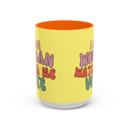 I Am Woman Watch Me Vote Yellow Accent Mug by theGreenDragonTavern.shop