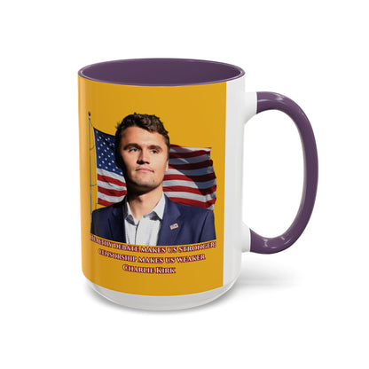 Charlie Kirk, Healthy Debate Yellow Accent Mug by theGreenDragonTavern.shop