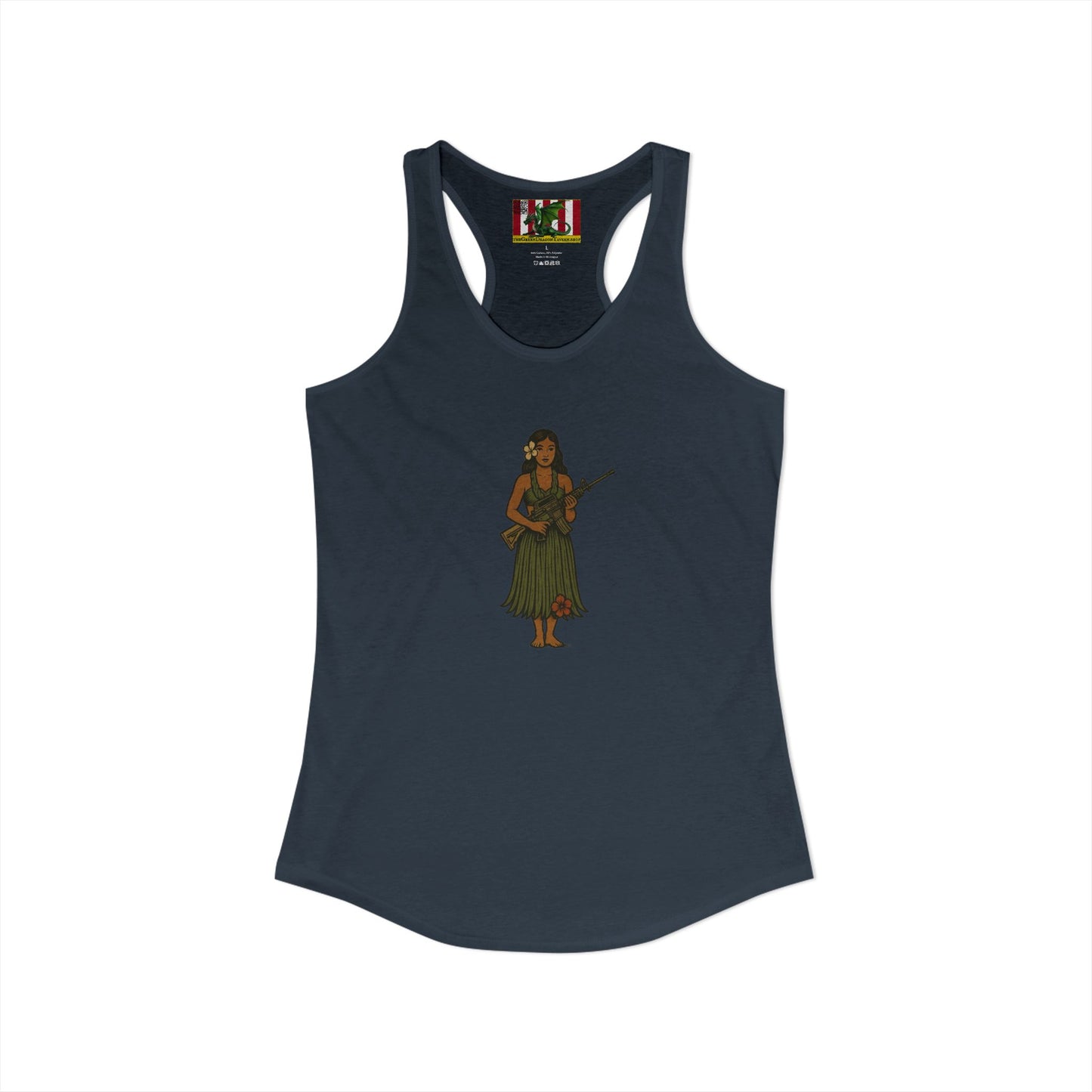 2-sided, Hula Girl Packin' Heat Women's Racerback Tank Top by theGreenDragonTavern.shop