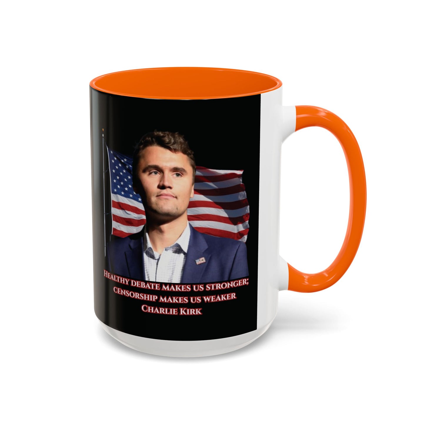 Charlie Kirk, Healthy Debate Black Accent Mug by theGreenDragonTavern.shop