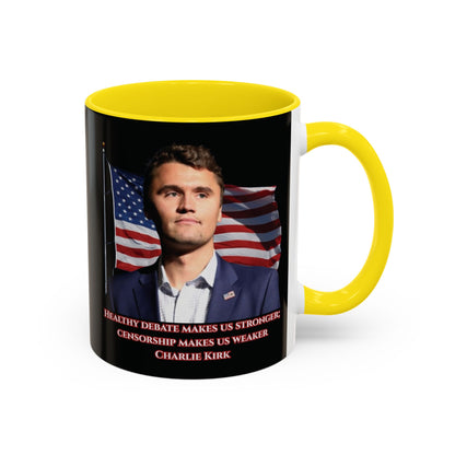 Charlie Kirk, Healthy Debate Black Accent Mug by theGreenDragonTavern.shop