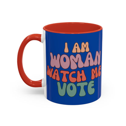 I Am Woman Watch Me Vote Dark Blue Accent Mug by theGreenDragonTavern.shop