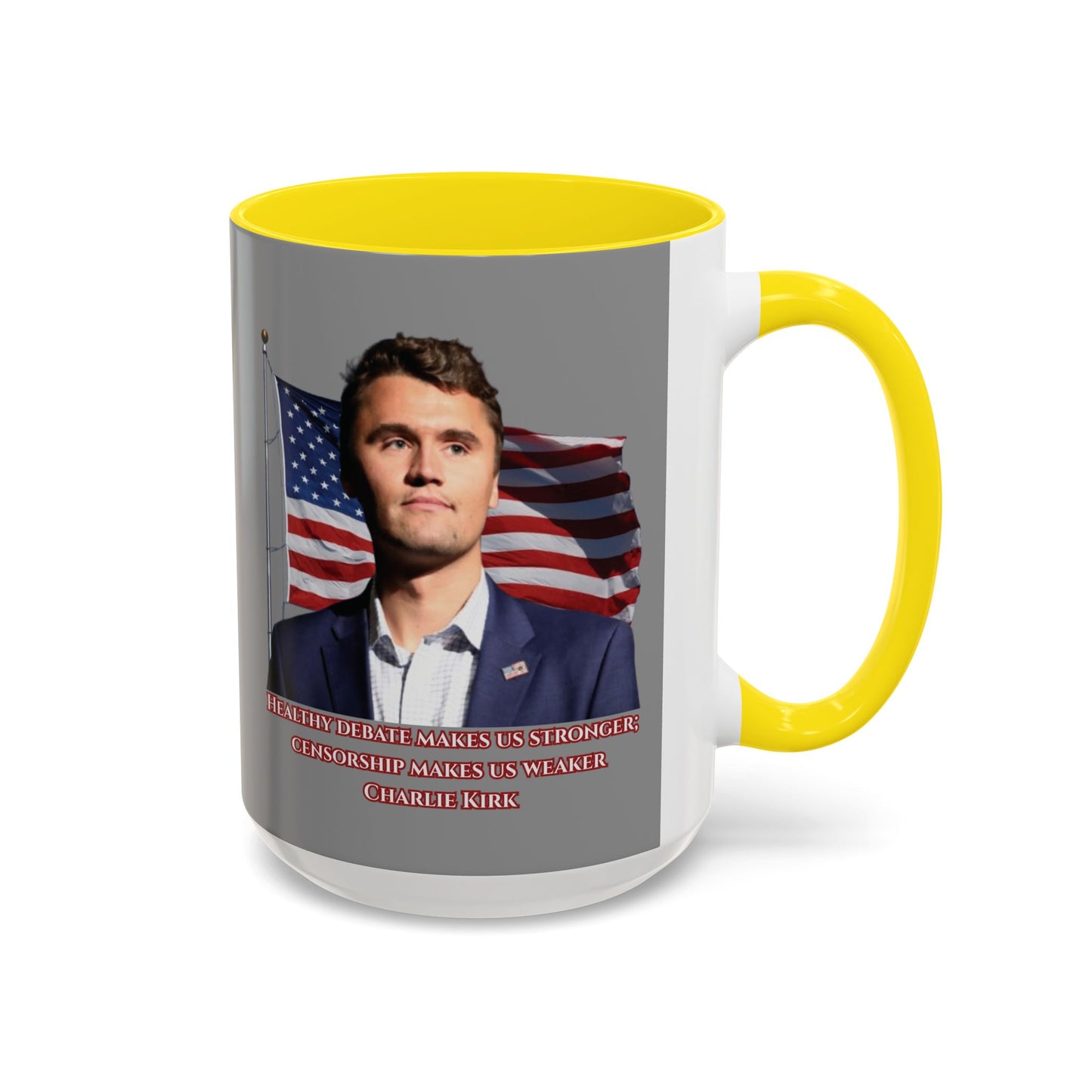 Charlie Kirk, Healthy Debate Grey Accent Mug by theGreenDragonTavern.shop