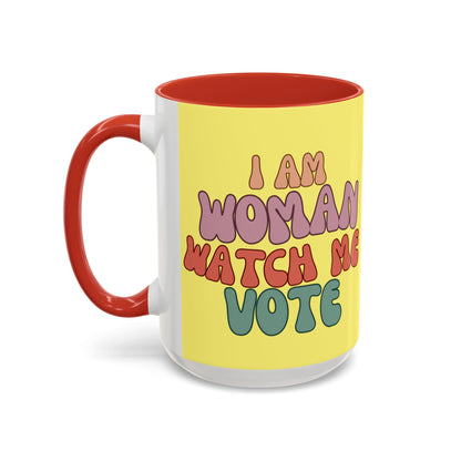 I Am Woman Watch Me Vote Yellow Accent Mug by theGreenDragonTavern.shop