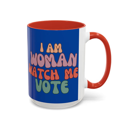 I Am Woman Watch Me Vote Dark Blue Accent Mug by theGreenDragonTavern.shop