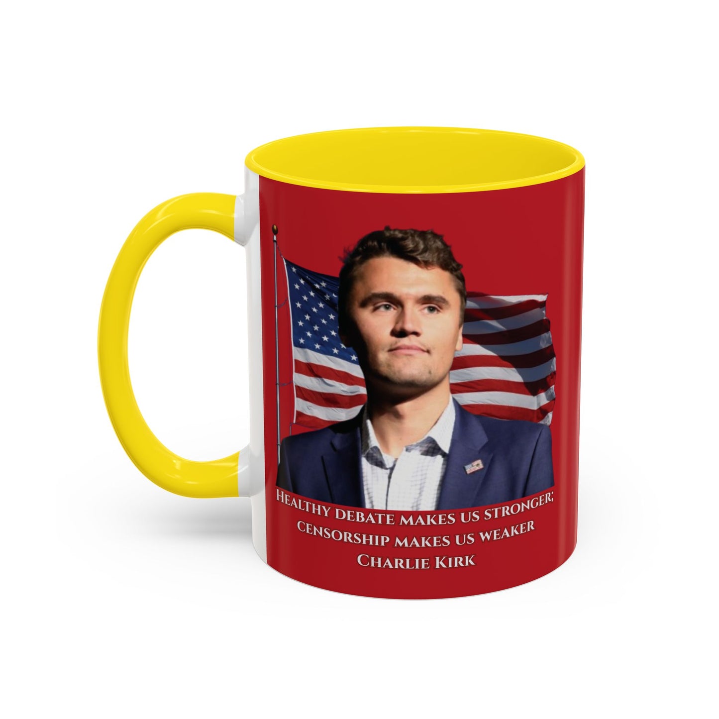 Charlie Kirk, Healthy Debate Red Accent Mug by theGreenDragonTavern.shop