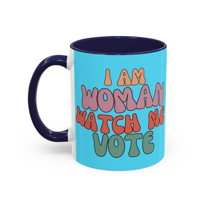 I Am Woman Watch Me Vote Light Blue Accent Mug by theGreenDragonTavern.shop