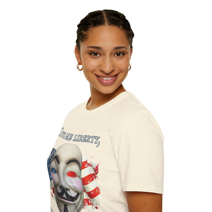 Vendetta, "Give me liberty, or give me death!" Light colors Unisex T-Shirt by theGreenDragonTavern.shop