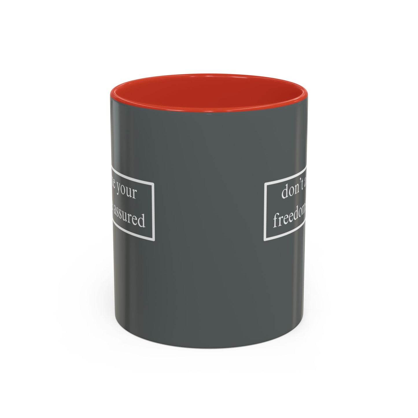 don't assume your freedoms are assured White font Grey Accent Mug by theGreenDragonTavern.shop