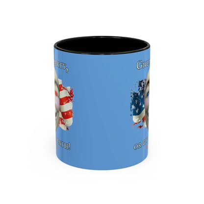 Vendetta, "Give me liberty, or give me death!" Blue Accent Mug by theGreenDragonTavern.shop