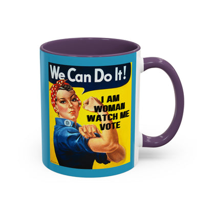 I Am Woman Watch Me Vote Rosie Turquoise Accent Mug by theGreenDragonTavern.shop