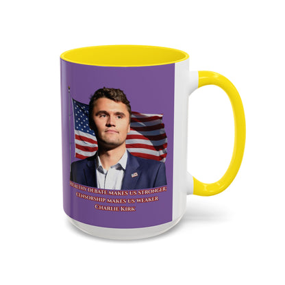 Charlie Kirk, Healthy Debate Light Purple Accent Mug by theGreenDragonTavern.shop