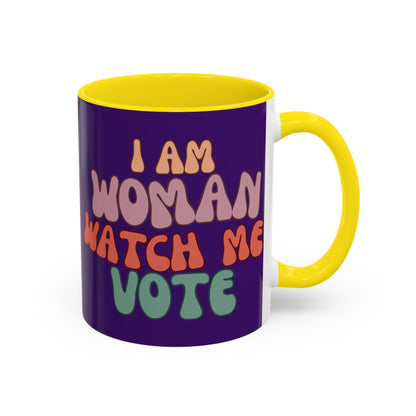 I Am Woman Watch Me Vote Dark Purple Accent Mug by theGreenDragonTavern.shop