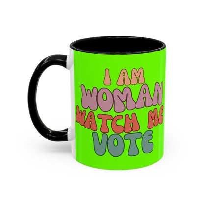 I Am Woman Watch Me Vote Light Green Accent Mug by theGreenDragonTavern.shop