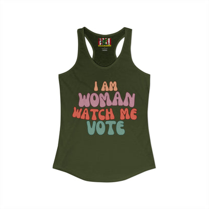I Am Woman Watch Me Vote Women's Racerback Tank Top by theGreenDragonTavern.shop
