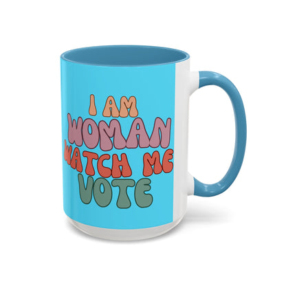 I Am Woman Watch Me Vote Light Blue Accent Mug by theGreenDragonTavern.shop