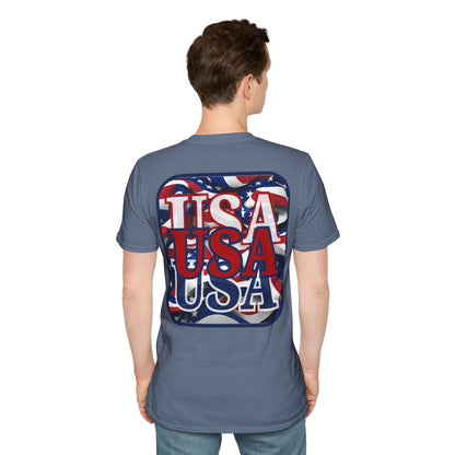 2-sided, RED White and Blue USA Patriot Dark colors Unisex T-Shirt by theGreenDragonTavern.shop
