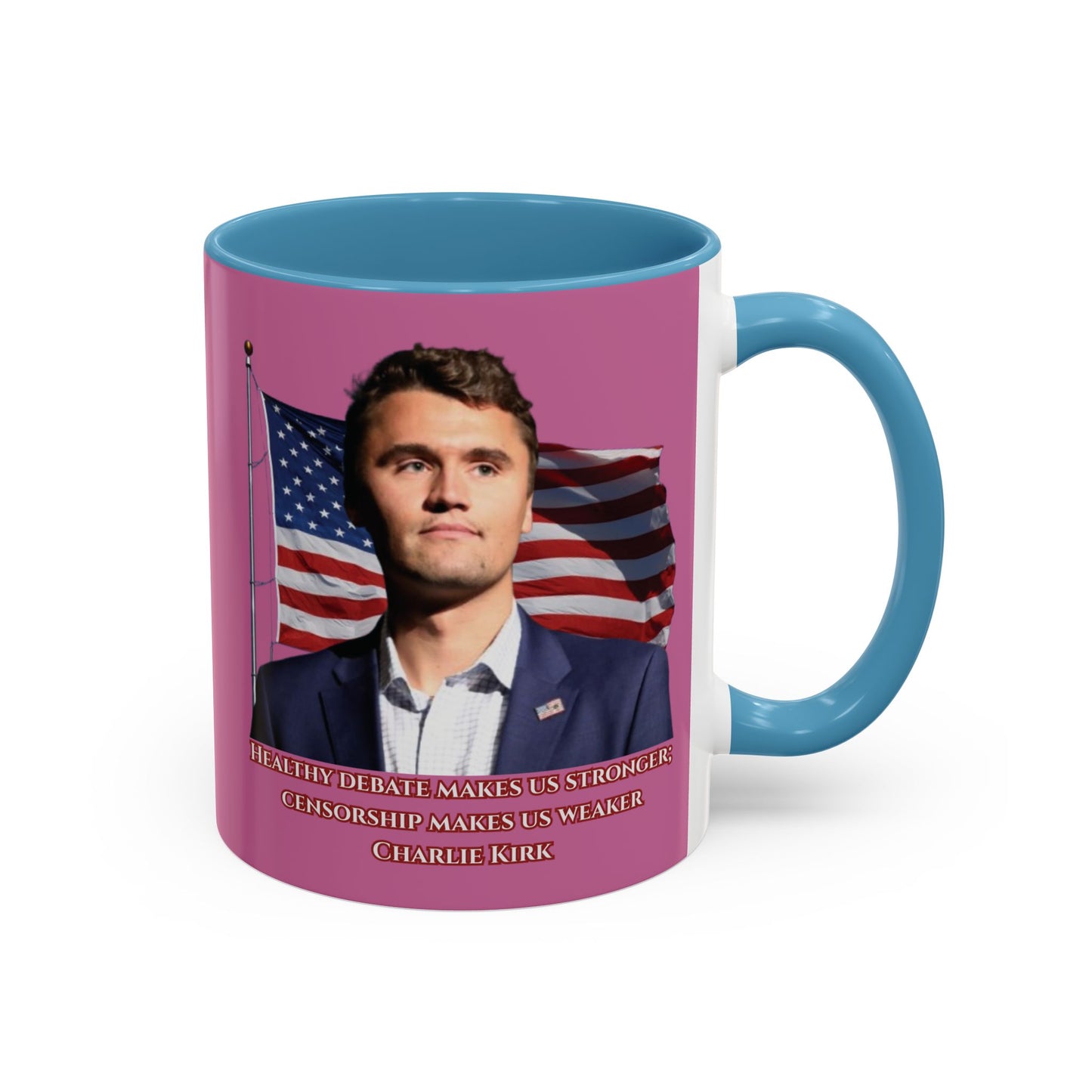 Charlie Kirk, Healthy Debate Pink Accent Mug by theGreenDragonTavern.shop