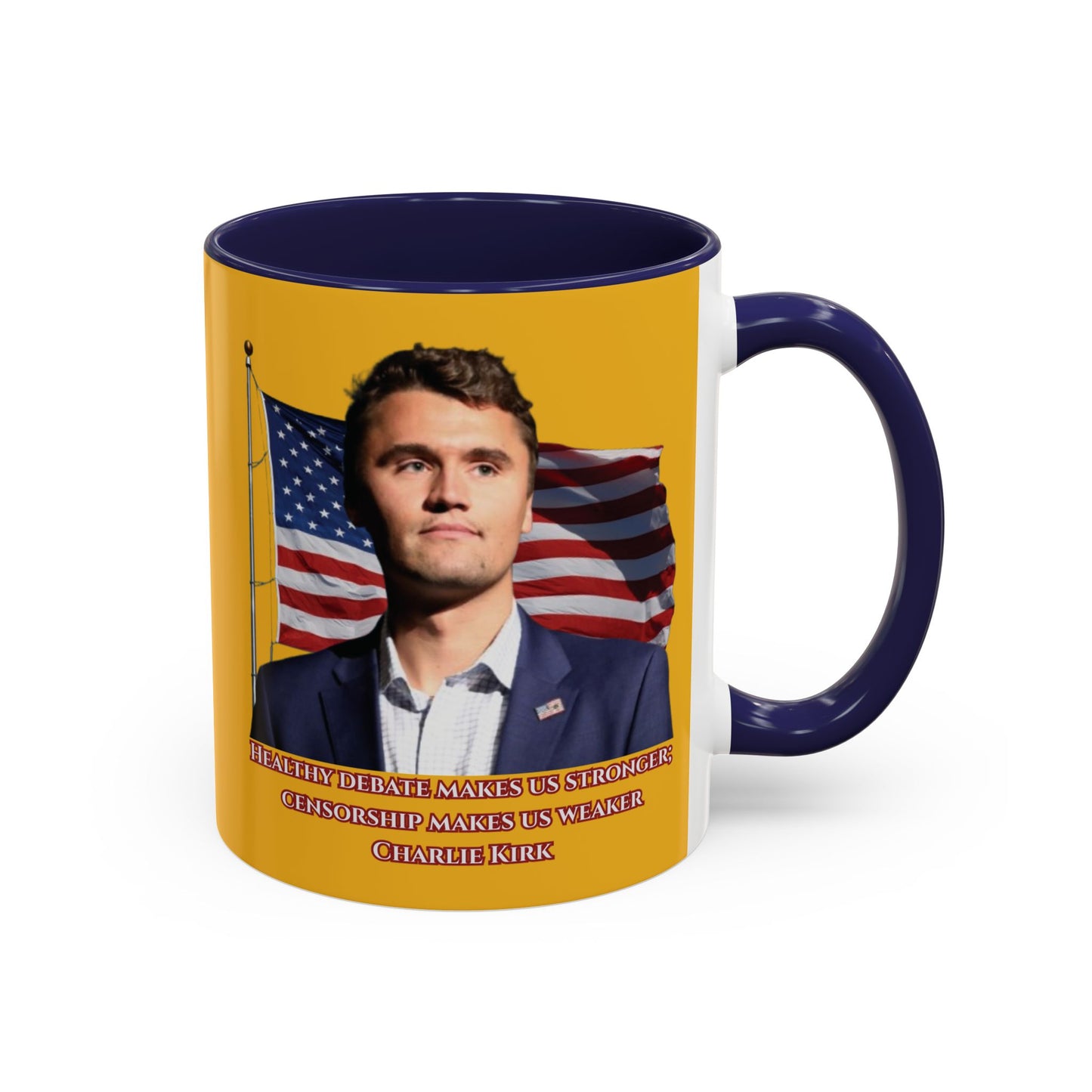 Charlie Kirk, Healthy Debate Yellow Accent Mug by theGreenDragonTavern.shop
