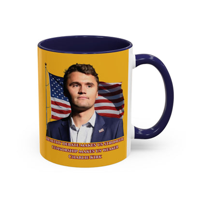 Charlie Kirk, Healthy Debate Yellow Accent Mug by theGreenDragonTavern.shop