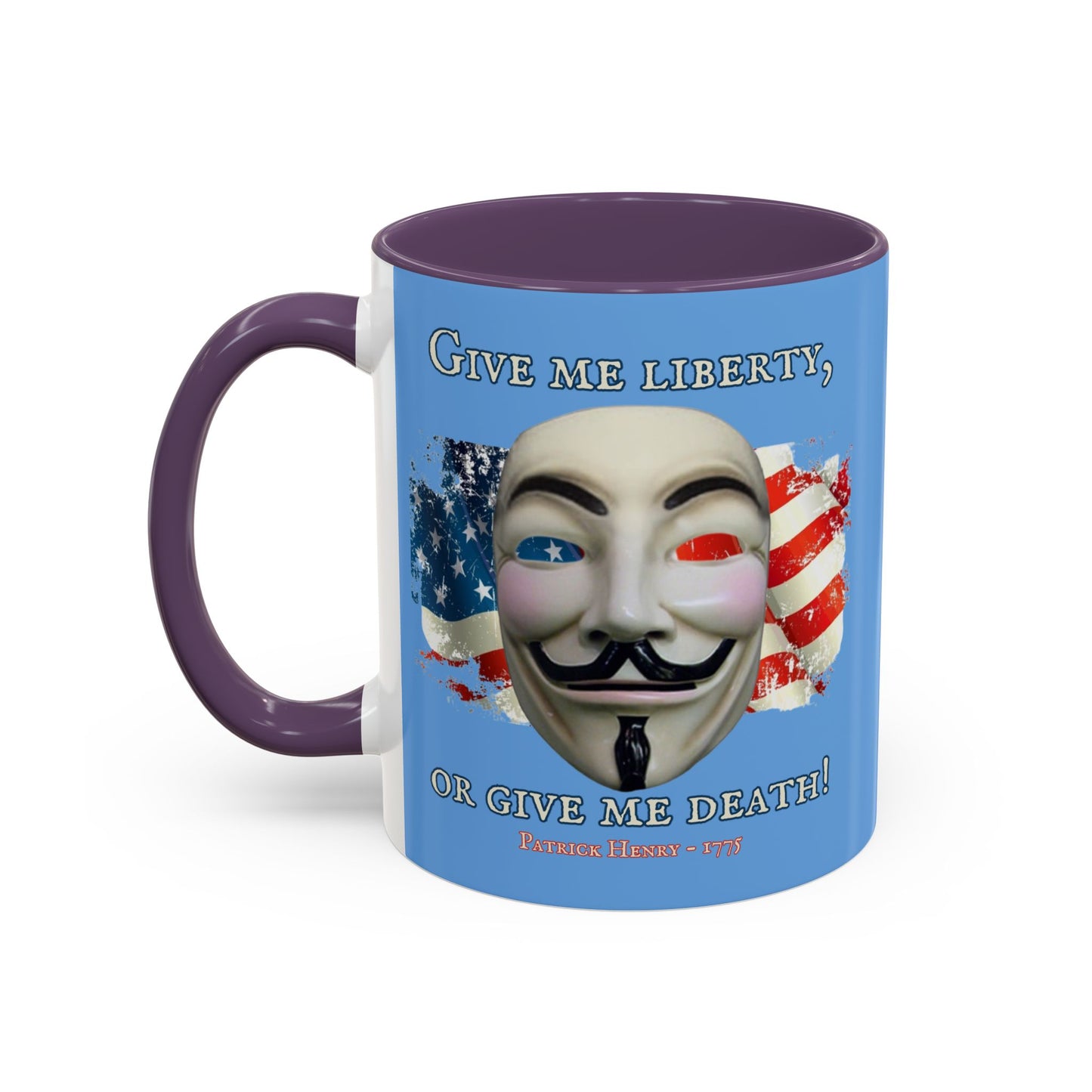 Vendetta, "Give me liberty, or give me death!" Blue Accent Mug by theGreenDragonTavern.shop