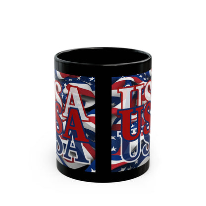USA Red font Center Patriot Black Mug by theGreenDragonTavern.shop