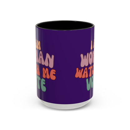 I Am Woman Watch Me Vote Dark Purple Accent Mug by theGreenDragonTavern.shop