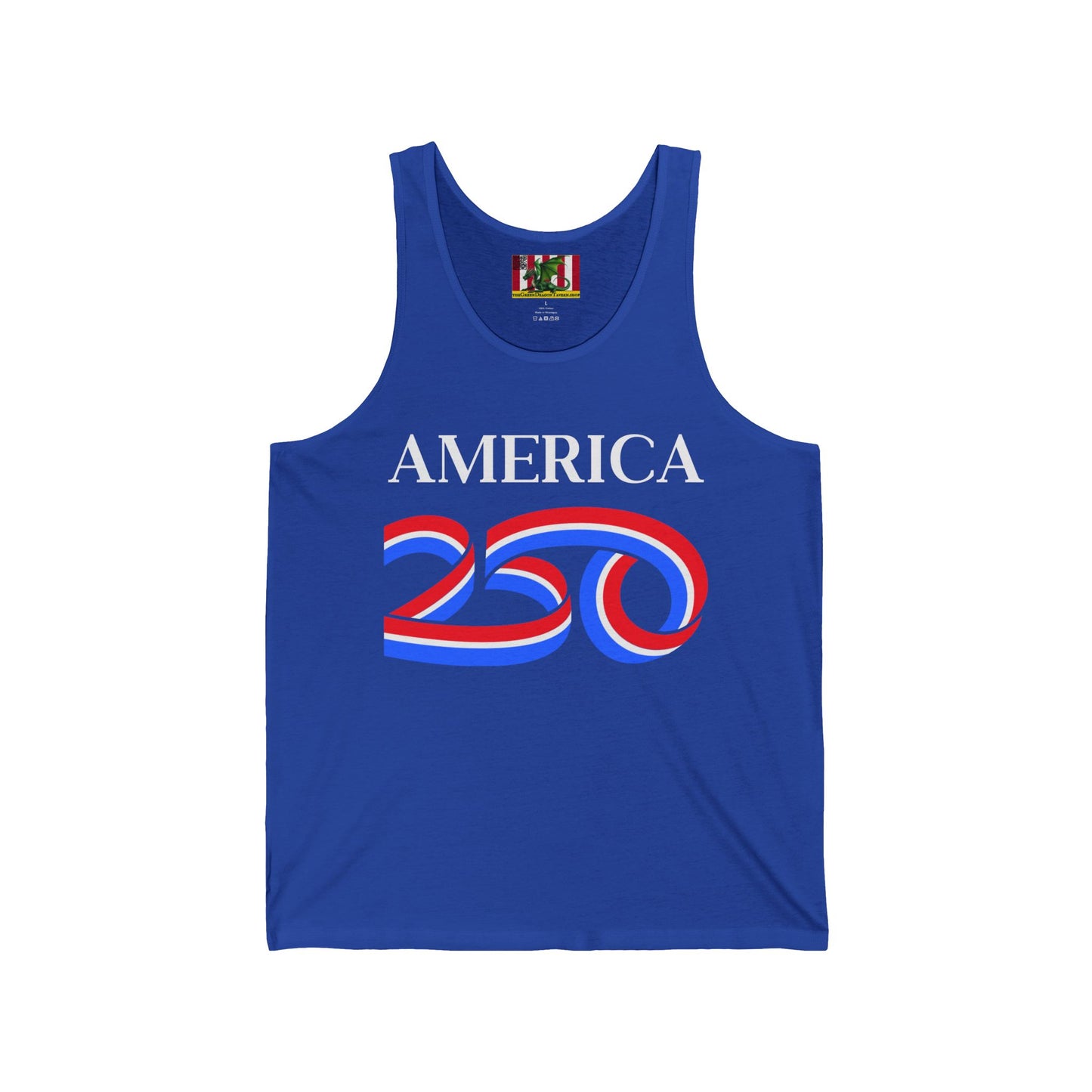 America 250 White font Unisex Jersey Tank Top by theGreenDragonTavern.shop
