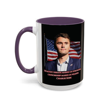 Charlie Kirk, Healthy Debate Black Accent Mug by theGreenDragonTavern.shop