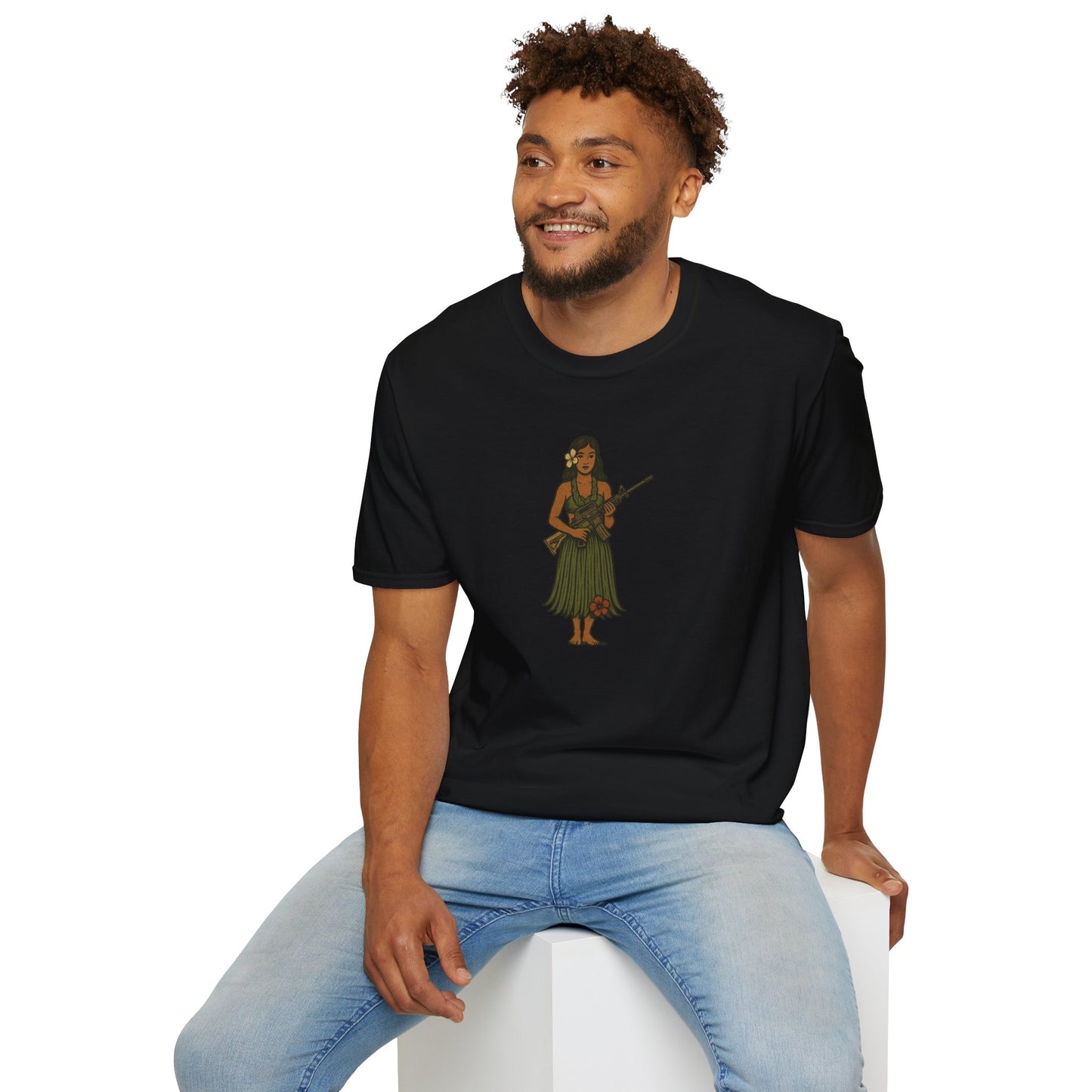 2-sided, Hula Girl Packin' Heat Dark colors Unisex T-Shirt by theGreenDragonTavern.shop