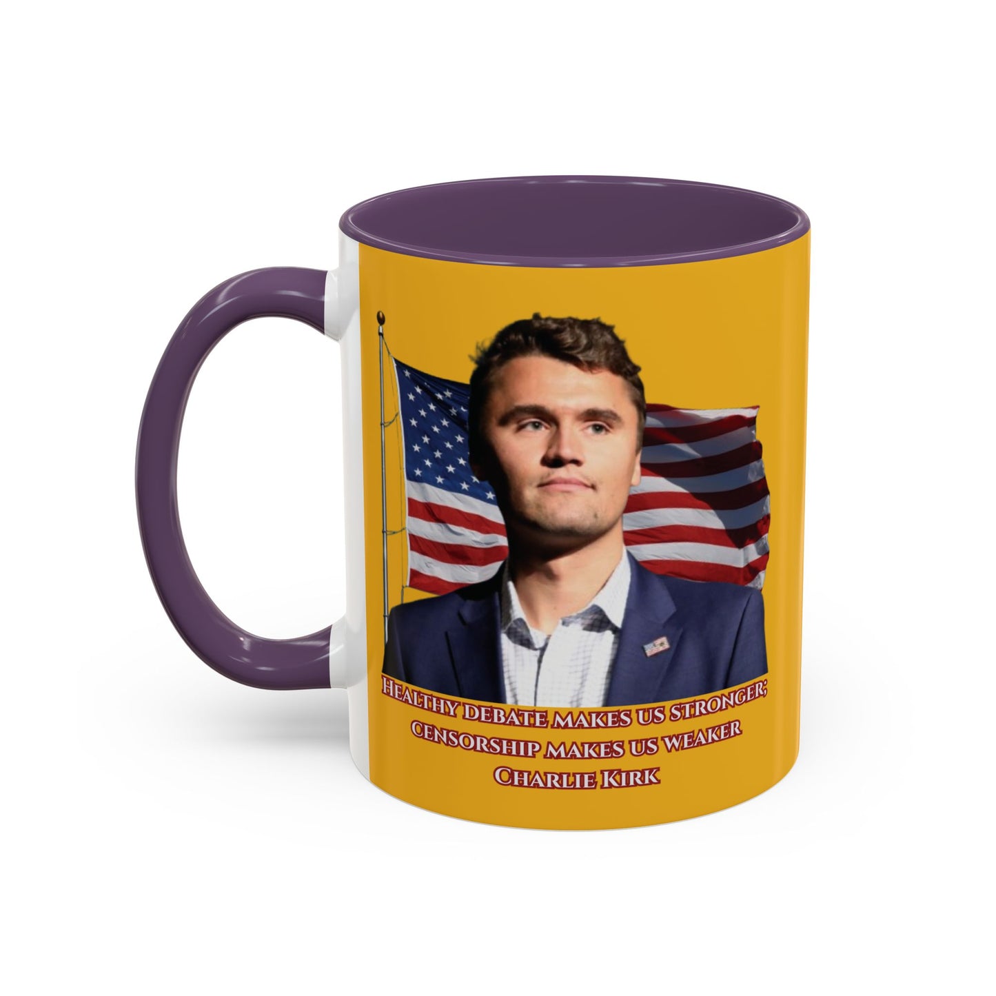 Charlie Kirk, Healthy Debate Yellow Accent Mug by theGreenDragonTavern.shop