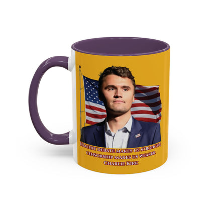 Charlie Kirk, Healthy Debate Yellow Accent Mug by theGreenDragonTavern.shop