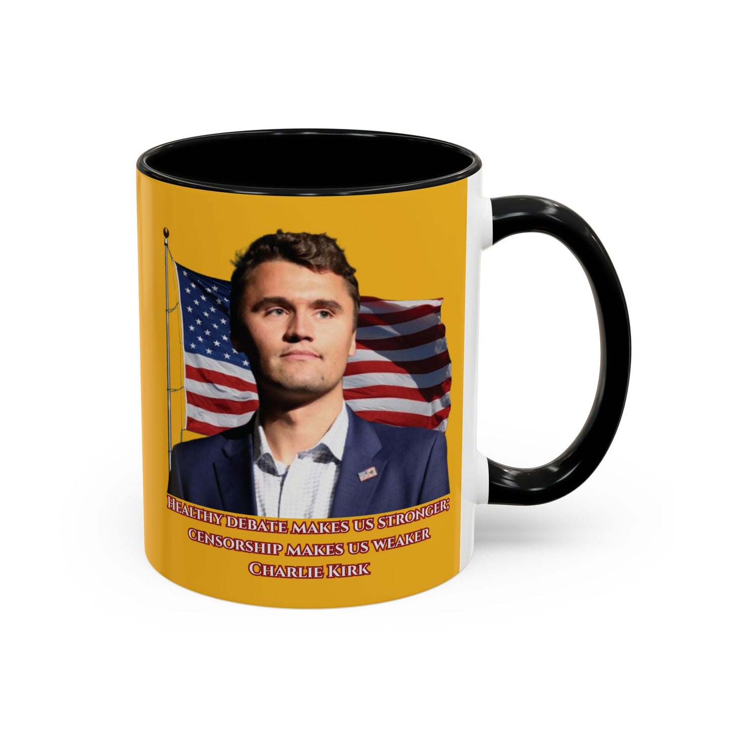 Charlie Kirk, Healthy Debate Yellow Accent Mug by theGreenDragonTavern.shop