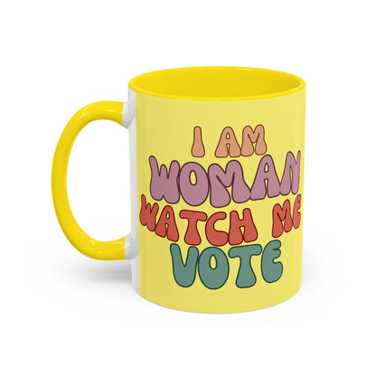 I Am Woman Watch Me Vote Yellow Accent Mug by theGreenDragonTavern.shop