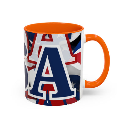 USA! USA! USA Blue font Patriot Black Accent Mug by theGreenDragonTavern.shop