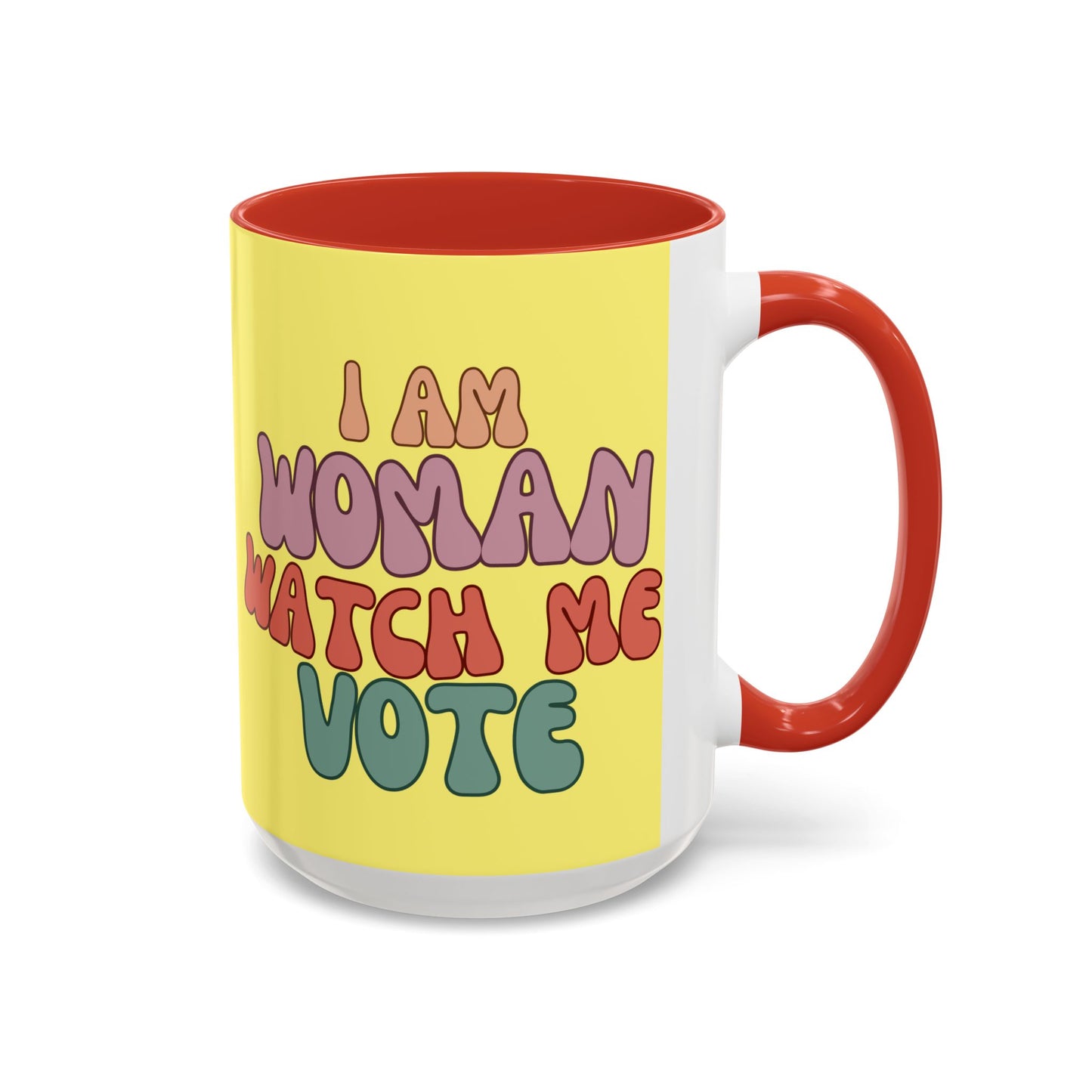I Am Woman Watch Me Vote Yellow Accent Mug by theGreenDragonTavern.shop