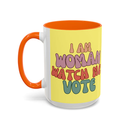I Am Woman Watch Me Vote Yellow Accent Mug by theGreenDragonTavern.shop