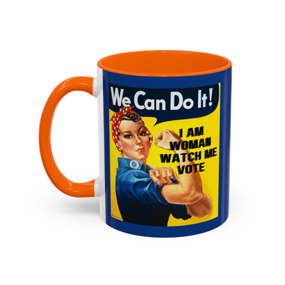 I Am Woman Watch Me Vote Rosie Dark Blue Accent Mug by theGreenDragonTavern.shop